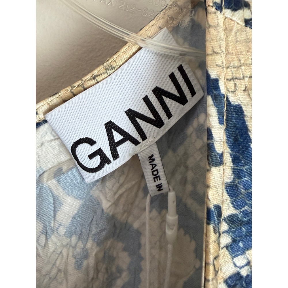 NWT Ganni Midi Dress Womens 6 Blue Tan Snakeskin Ruched Puff Sleeve - Picture 3 of 15